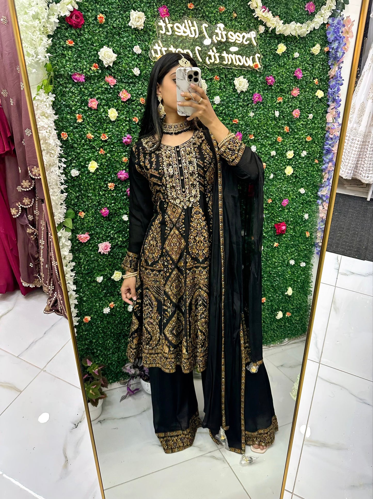 Black heavy embroidered party suit