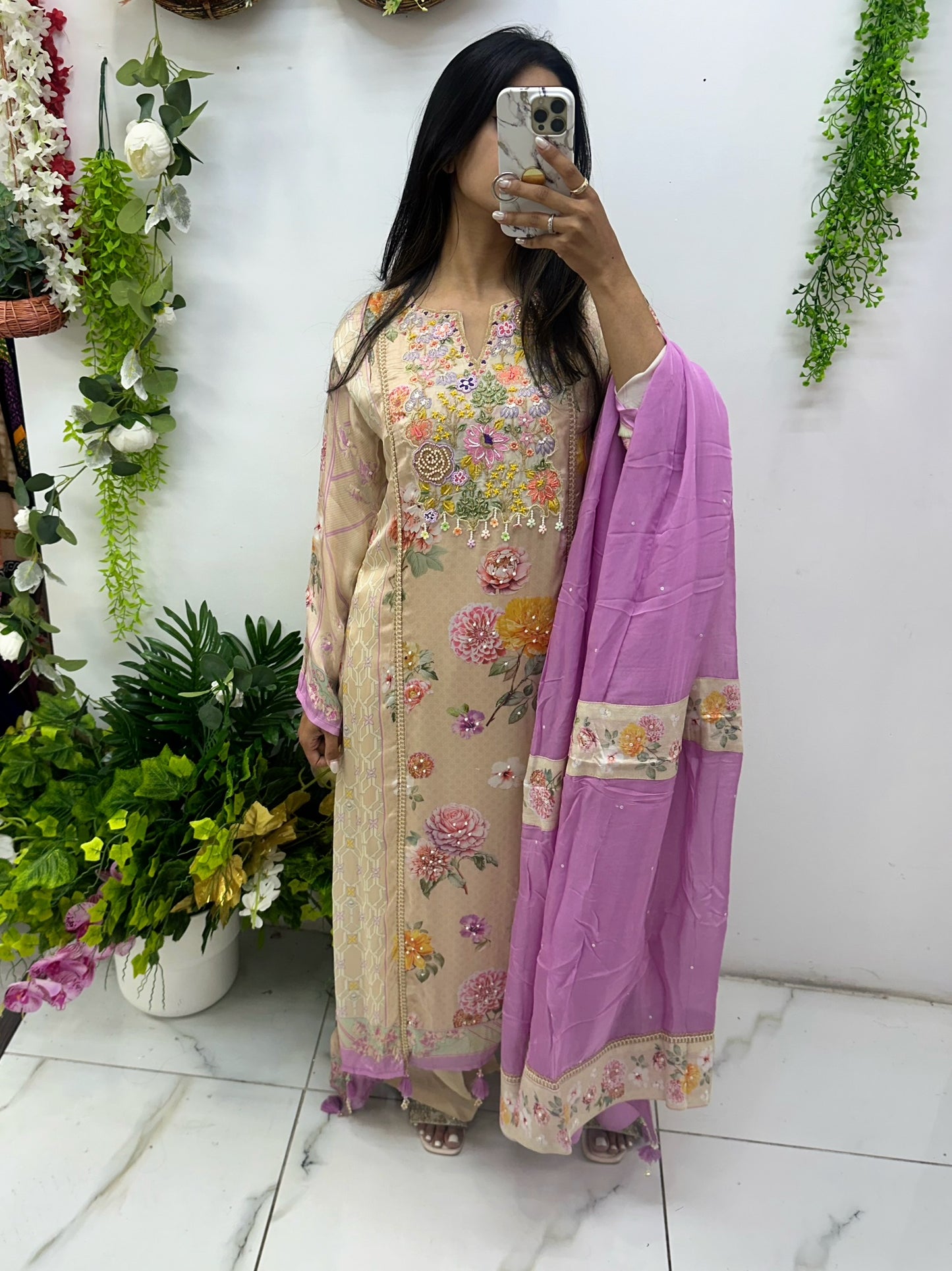 Peach satin silk three piece suit