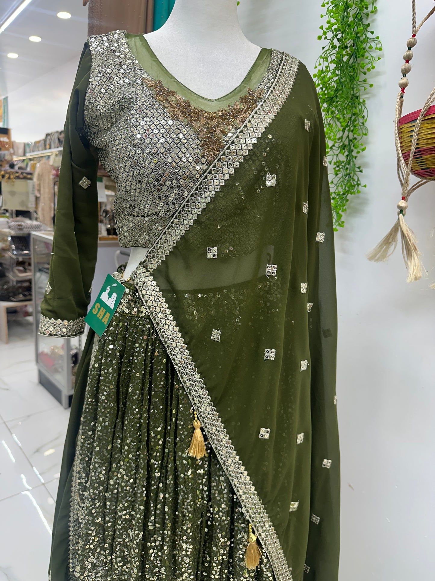 Olive green sequence lehenga