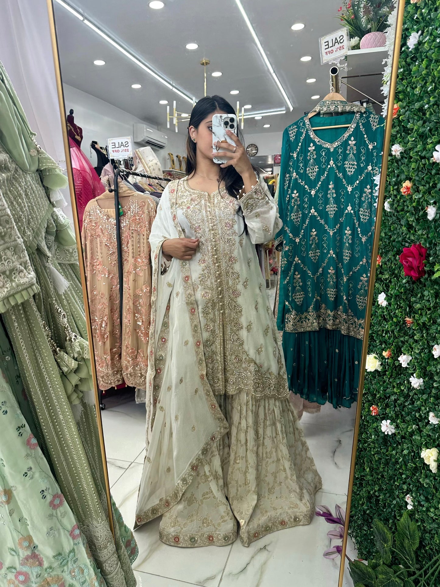 White banarasi party wear gharara suit