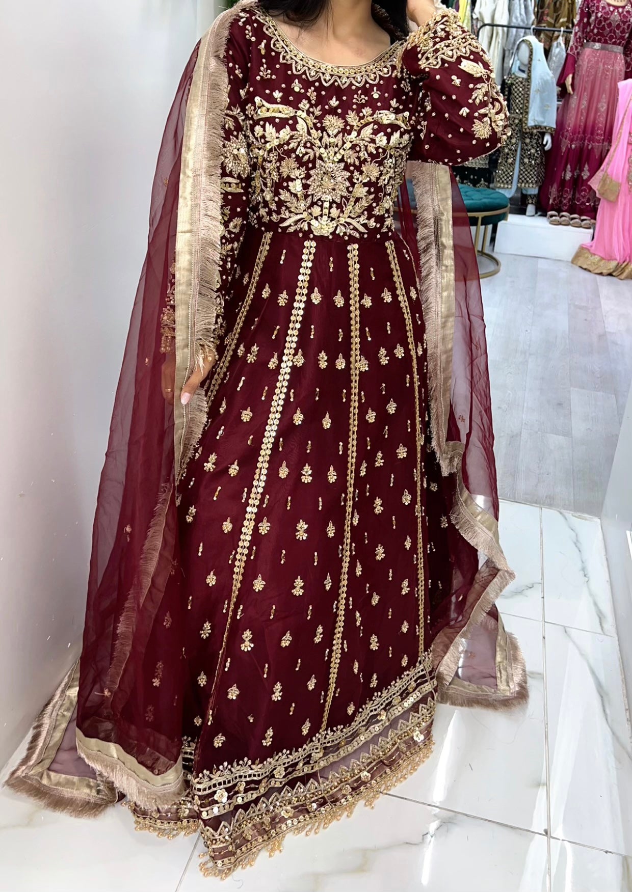Burgundy bridal gown wear