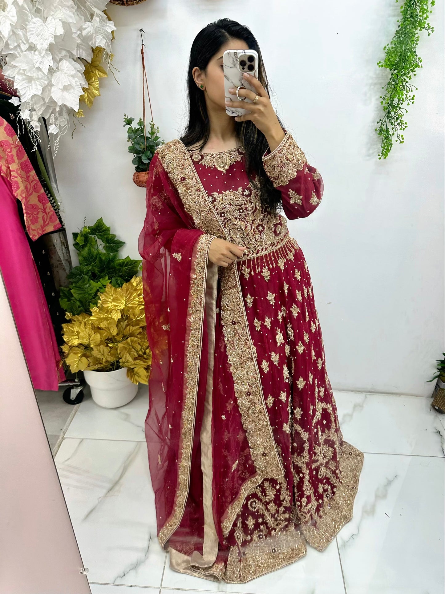 Maroon organza hand work bridal lehenga