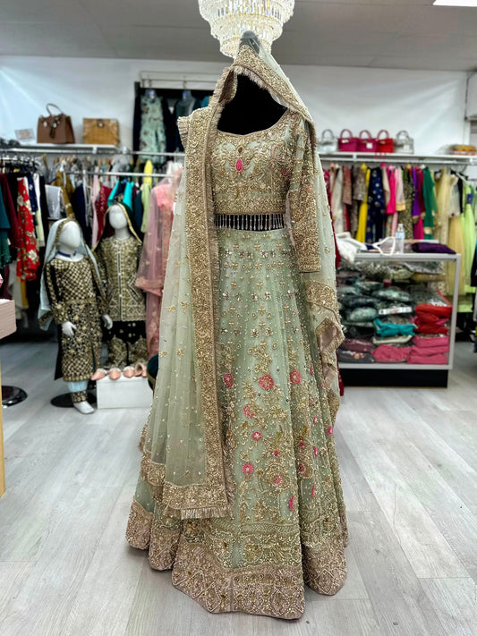 Pastel mint blue heavy jewelry work bridal lehenga