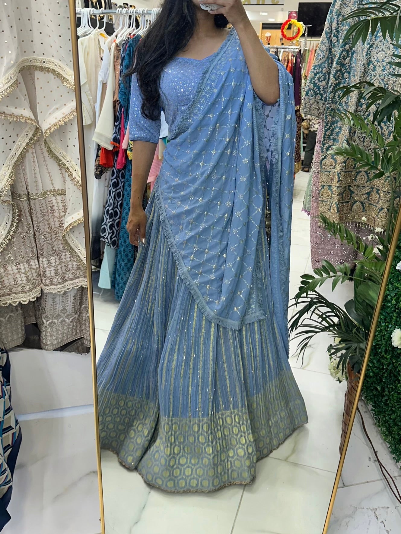 Powder blue brocade Banarasi lehenga