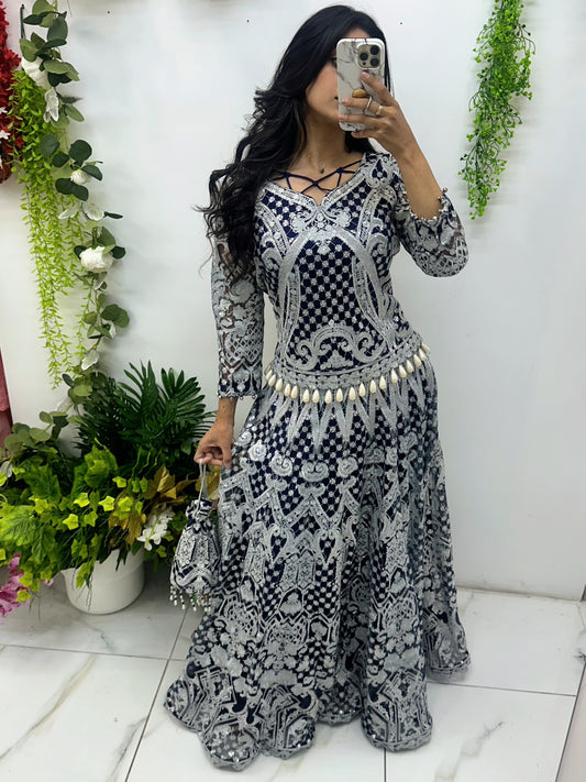 Navy blue designer lehenga with potli