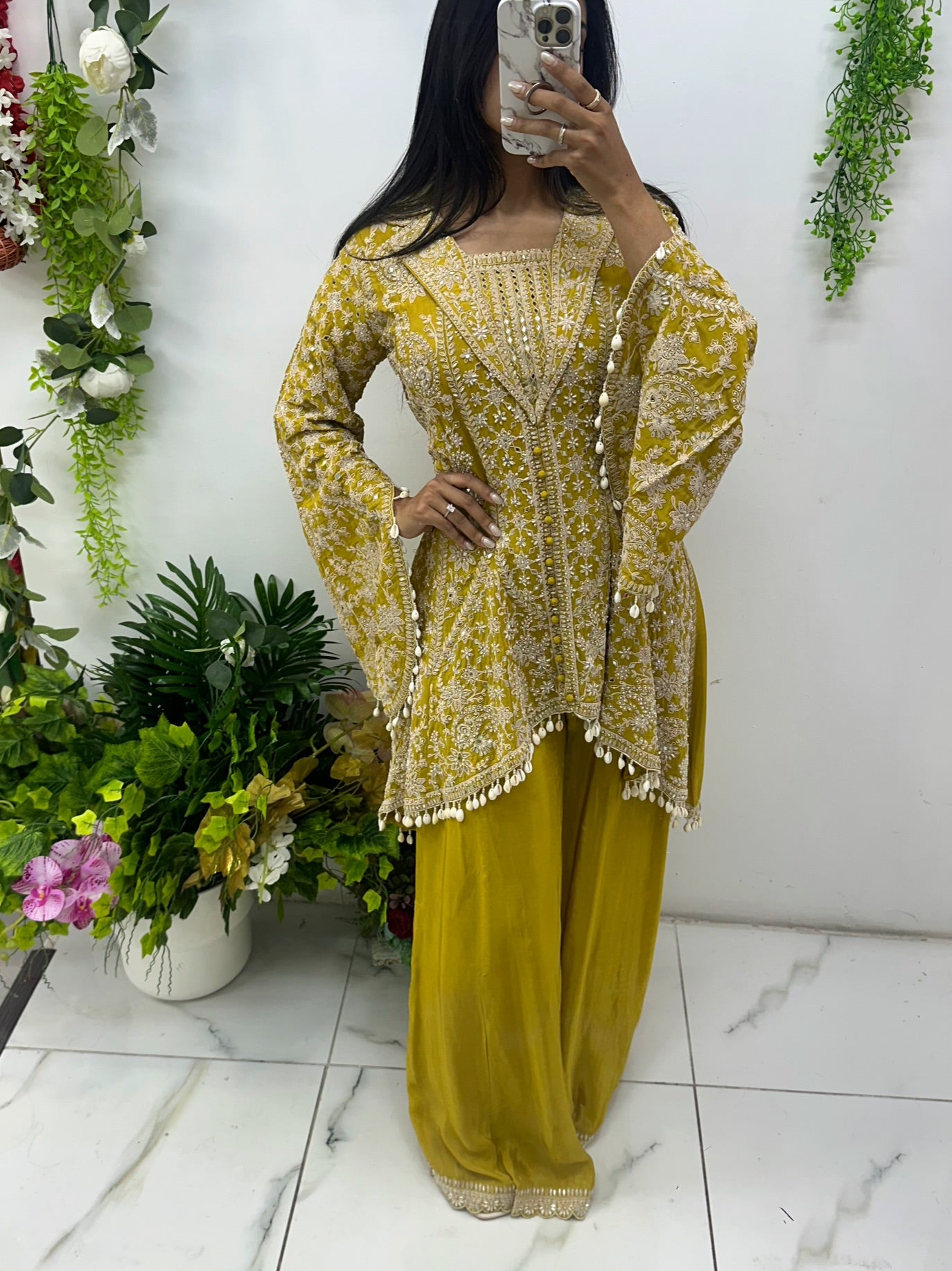 Mustard yellow silk party wear suit