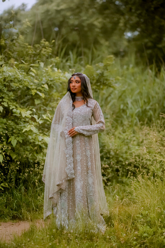 Bridal Light taupe all silver hand work with stone gown