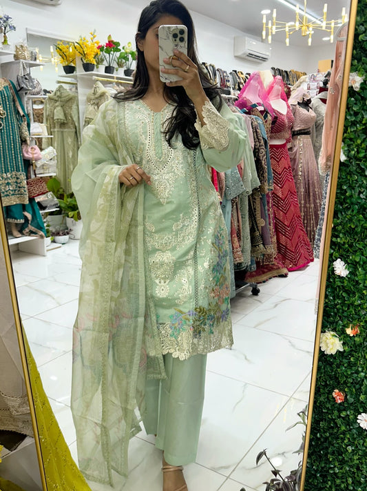 Mint fancy chikankari embroidered lawn suit.
