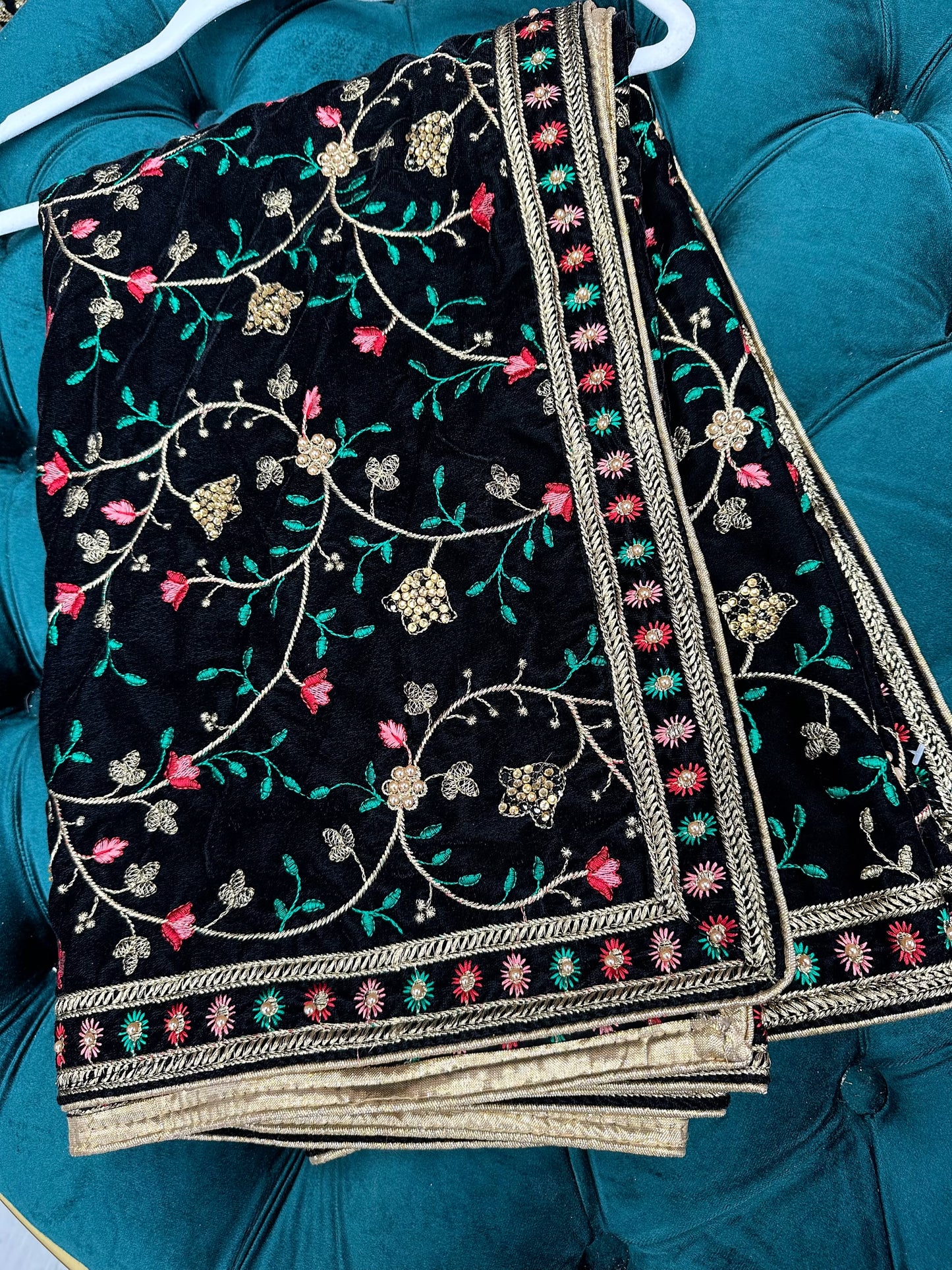 Black velvet heavy embroidered shawl