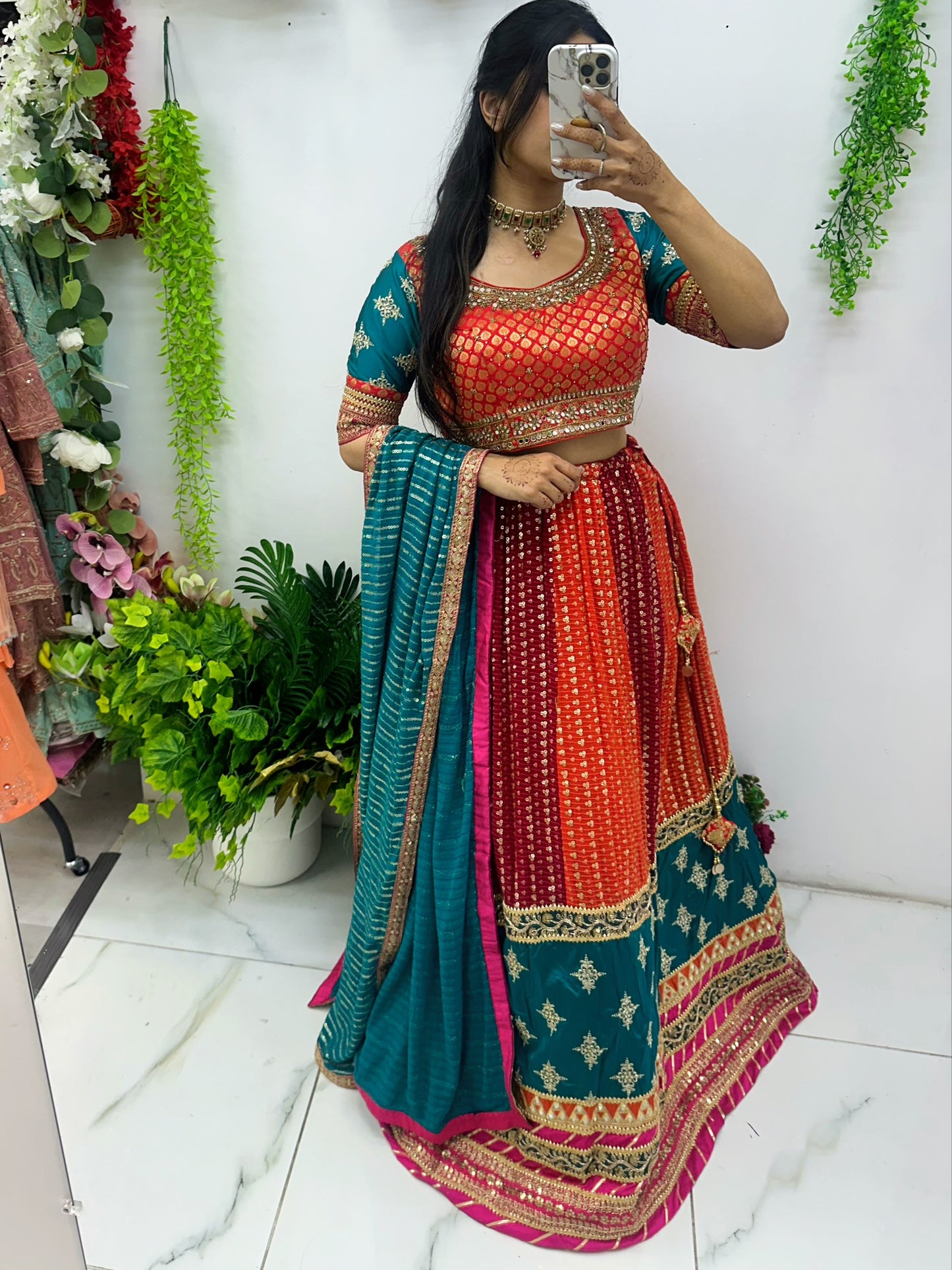 Green orange & red combo semi bridal lehenga