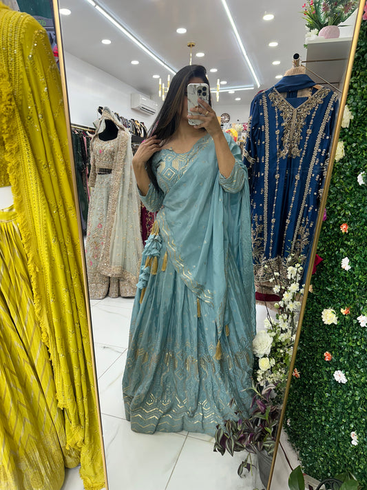 Mute blue silk sequenced lehenga
