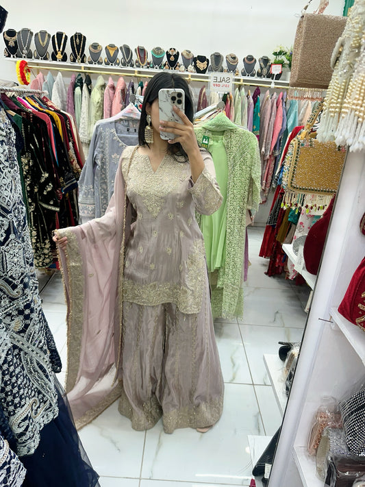 Silk lilac hand work premium sharara suit