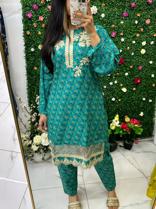 Blue linen printed coord set