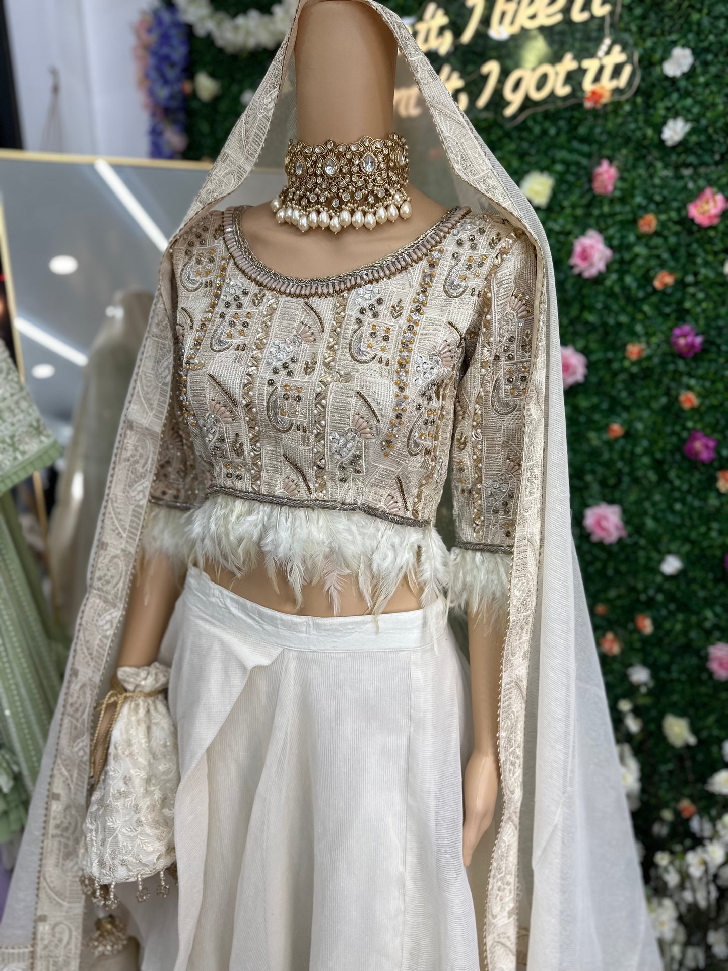 Off white feather style semi bridal lehenga