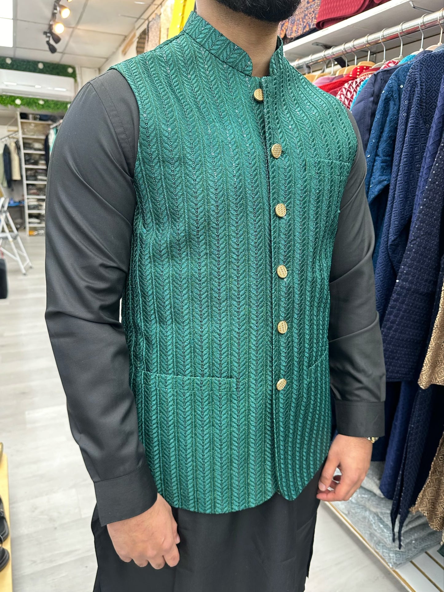 Green sequenced embroidery party wear waiscoat