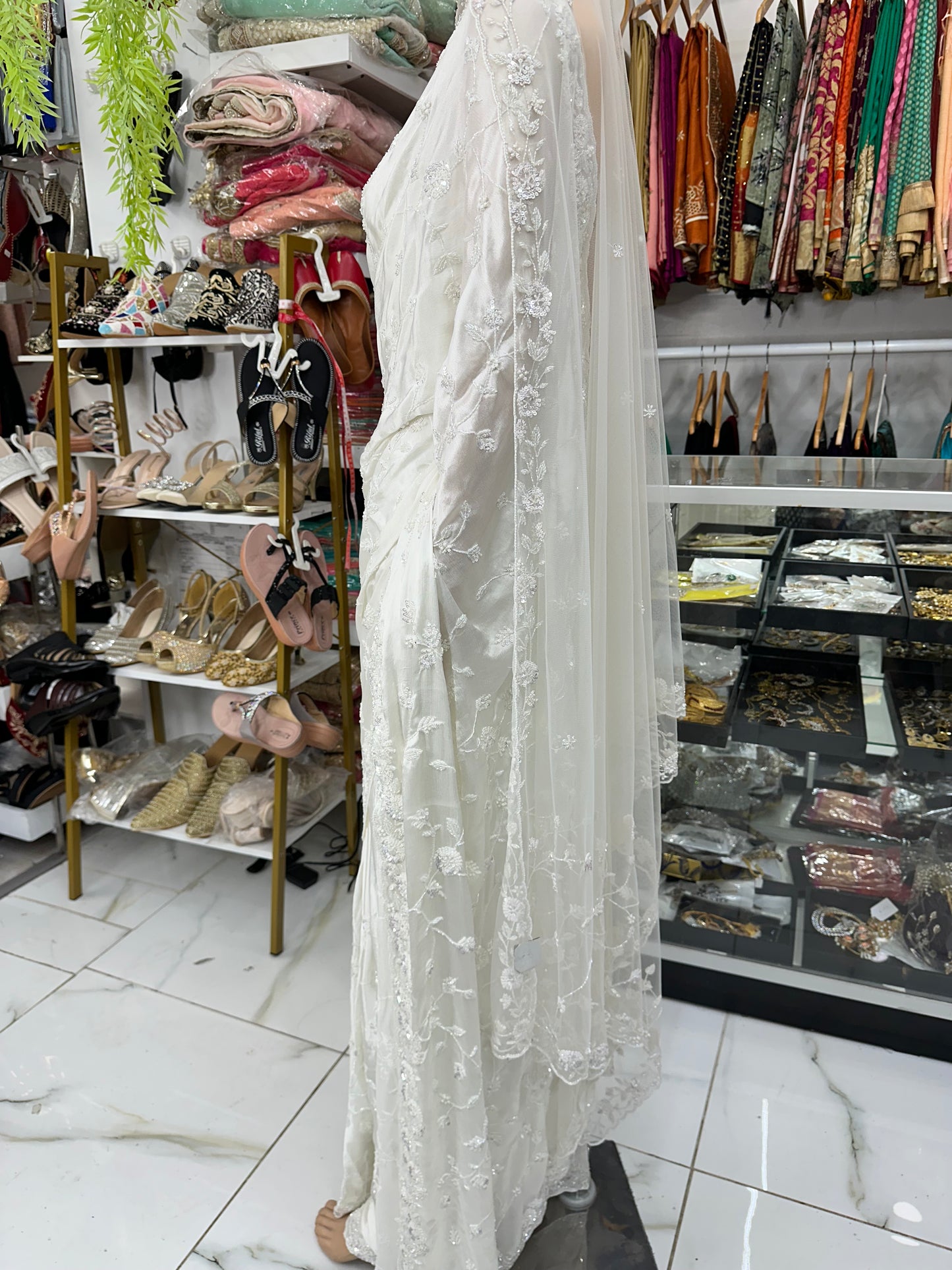 White satin silk hand work bridal saree with duppata
