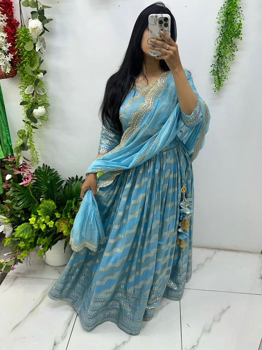 Sky blue Banarasi lehenga with hand work