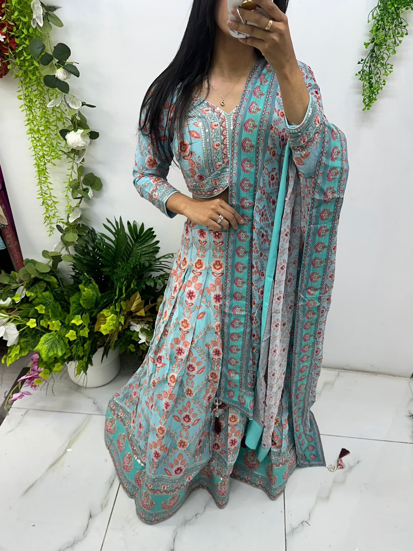 Blue floral crepe chiffon lehenga
