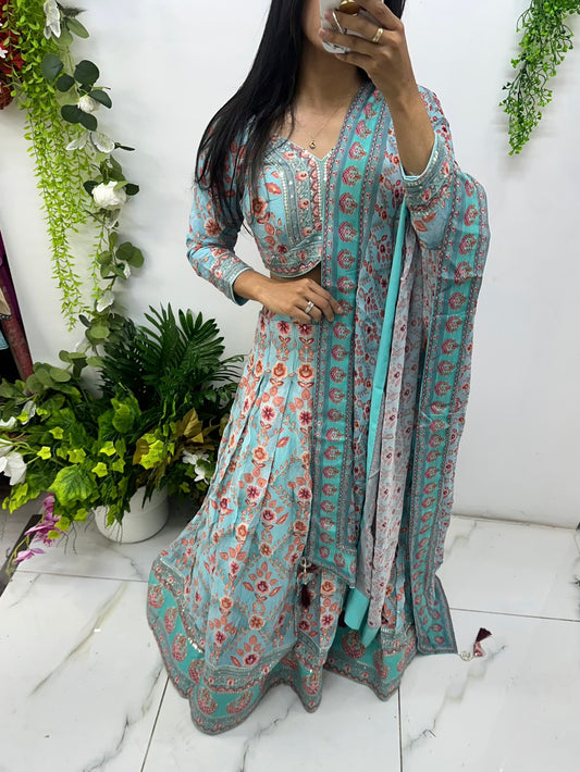Blue floral crepe chiffon lehenga