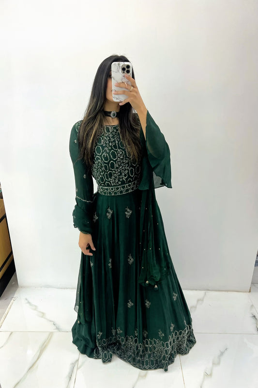 Green belted party wear gowm