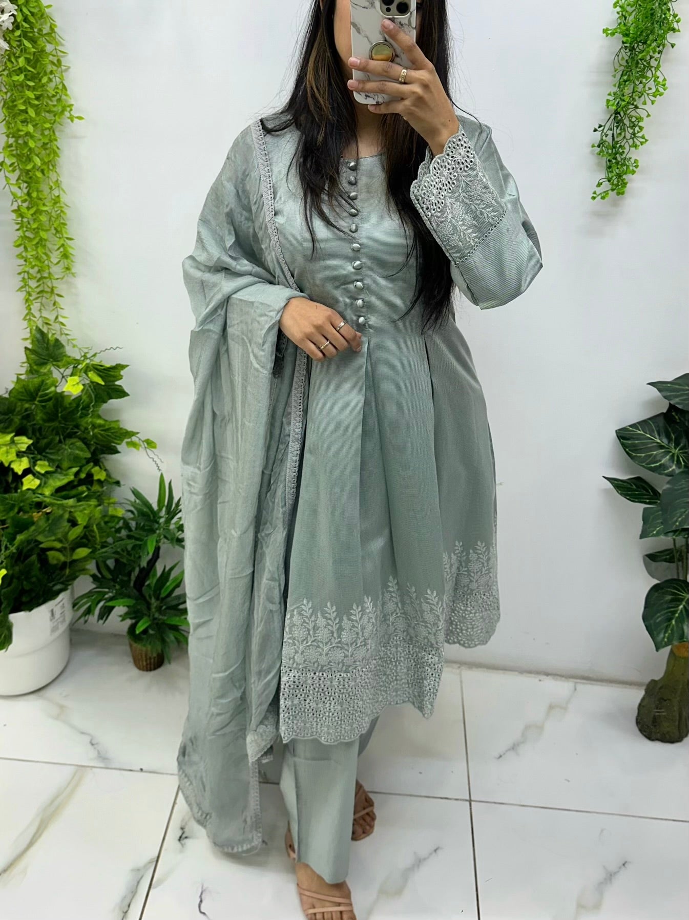 Grey chikankari khaddi suit