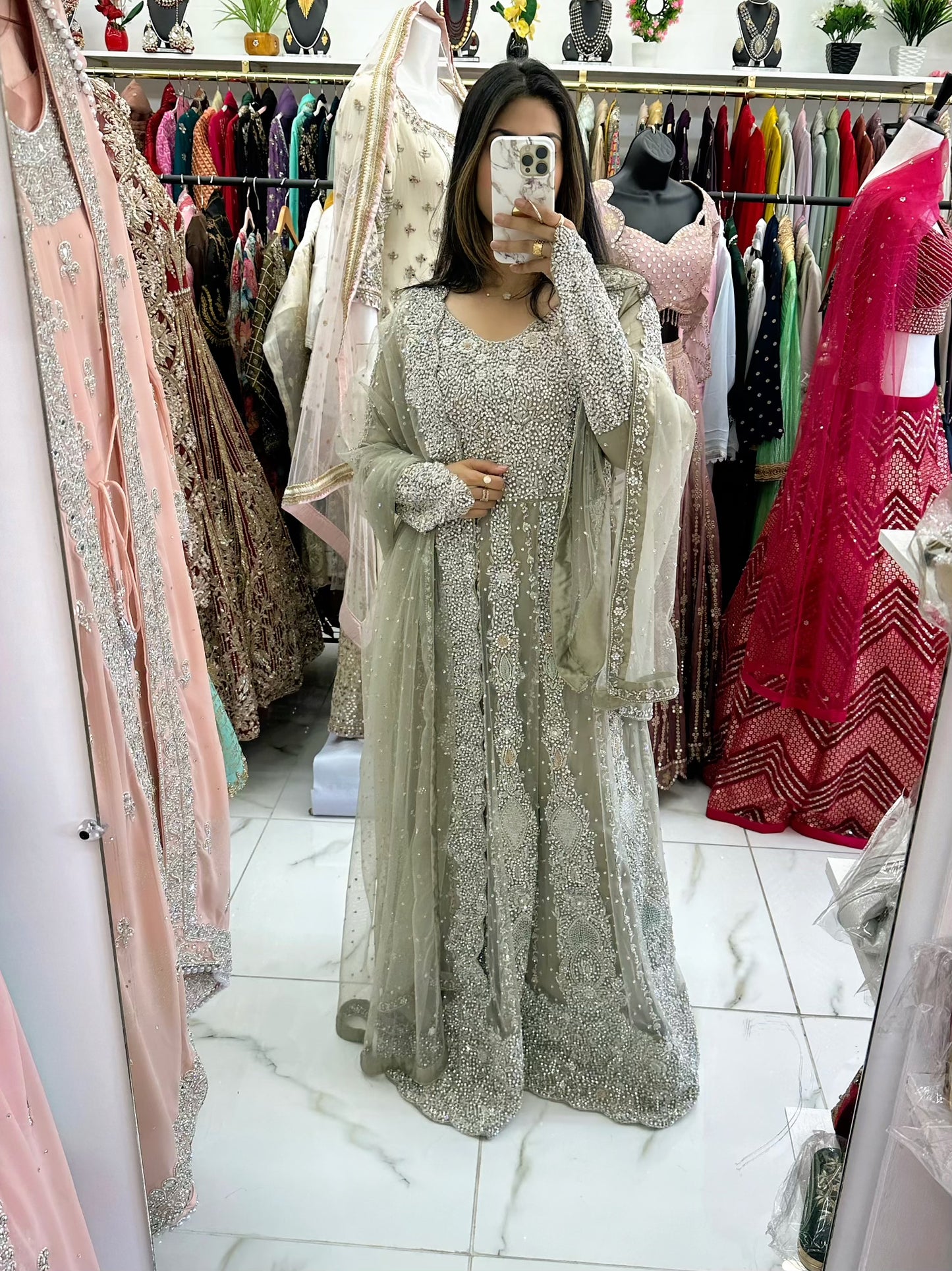 Bridal Light taupe all silver hand work with stone gown
