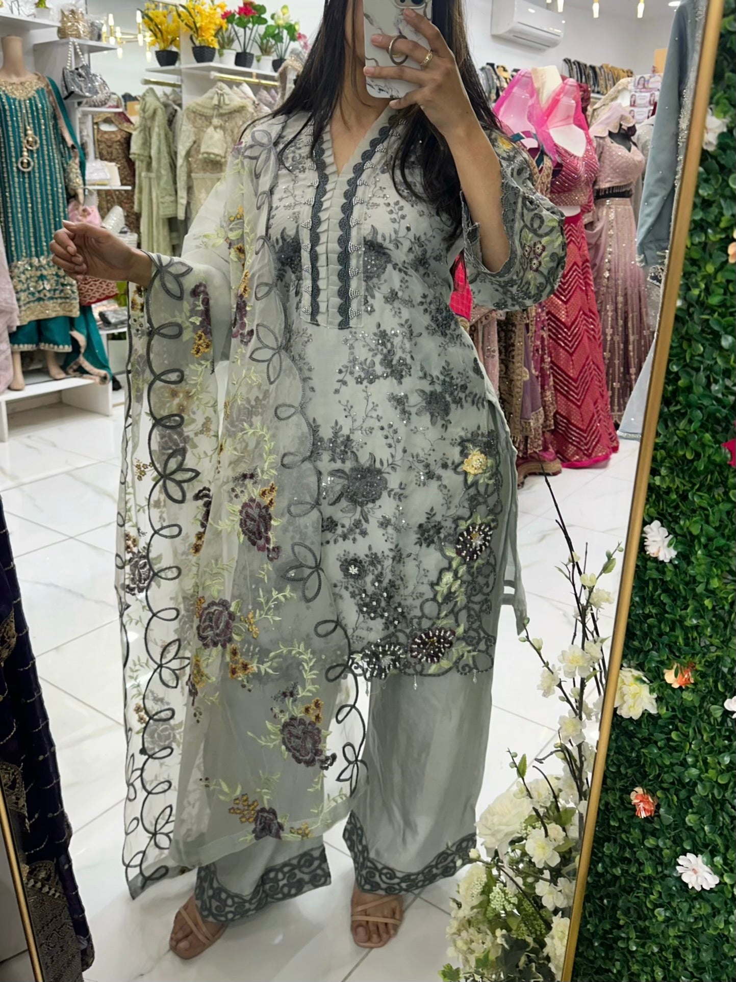 Grey floral embroidery organza suit