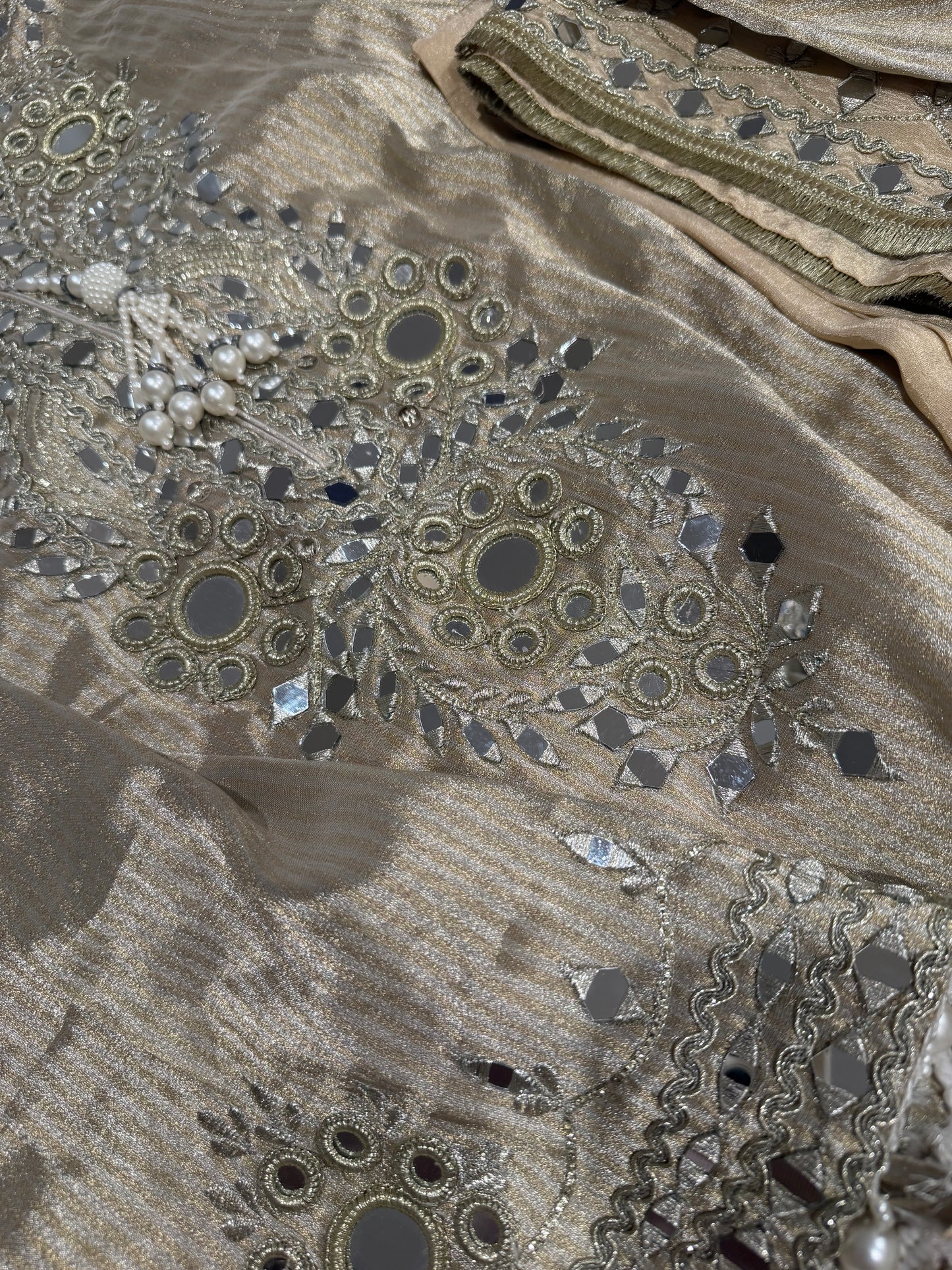 Ivory gold hand work mirror farshi suit