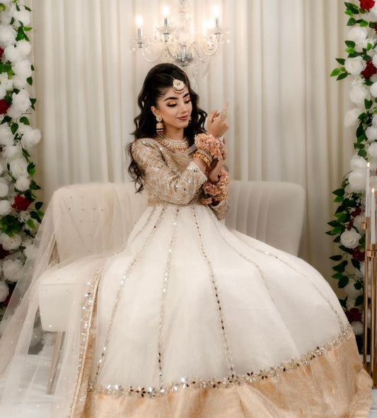 Off white bridal maxi with hand & mirror work