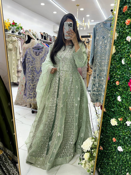 Pastel mint two layer maxi slit three piece