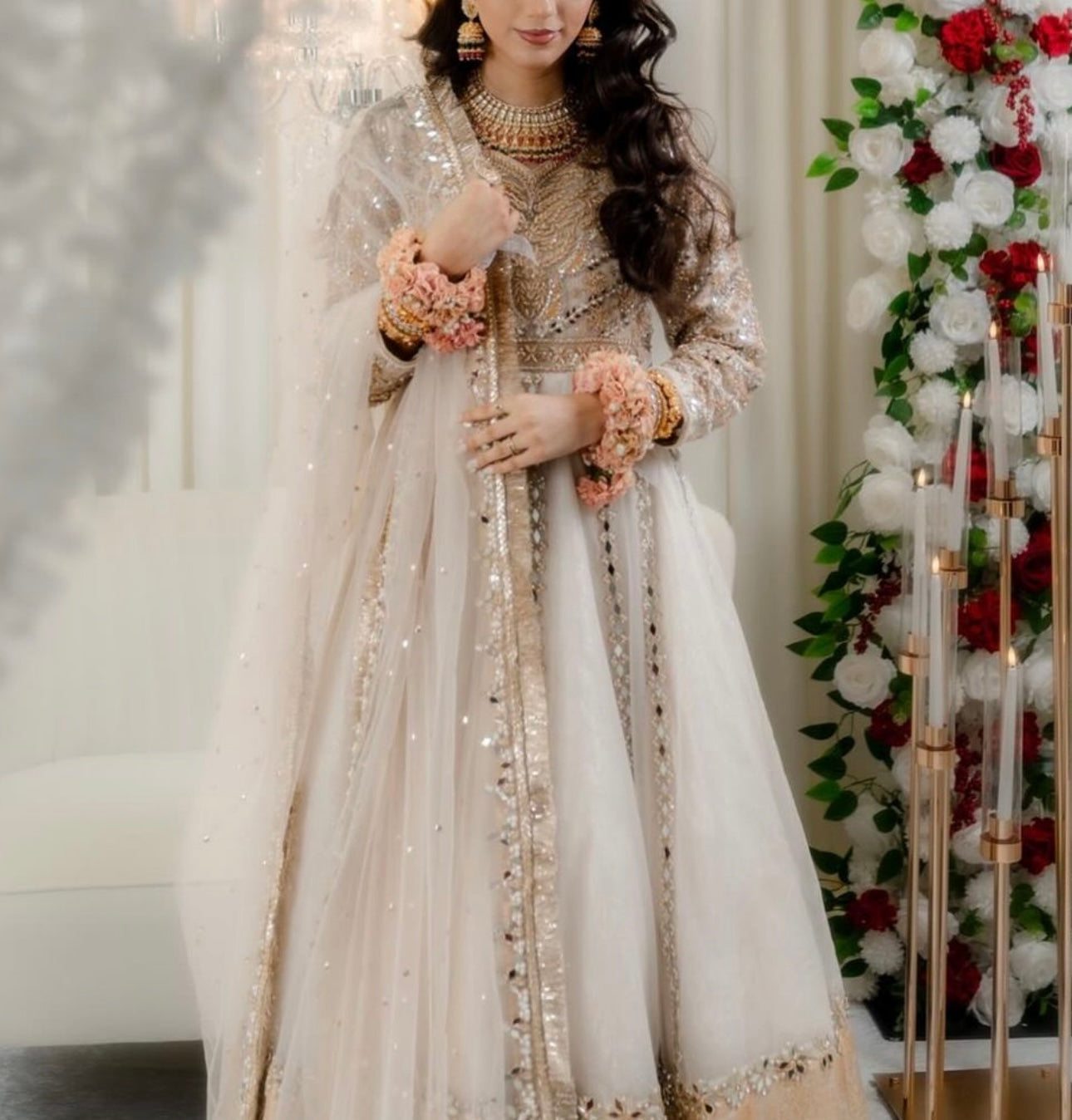 Off white bridal maxi with hand & mirror work