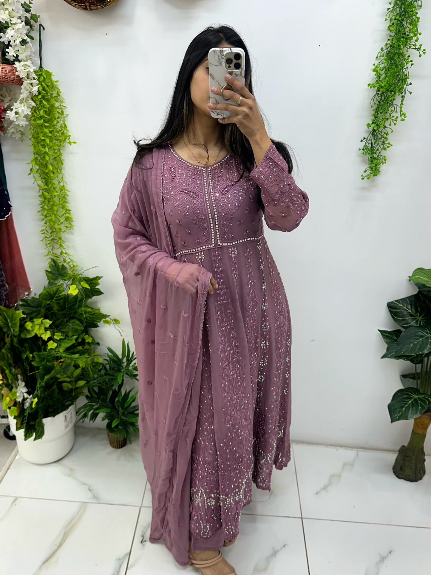 Mauve chiffon anarkali suit