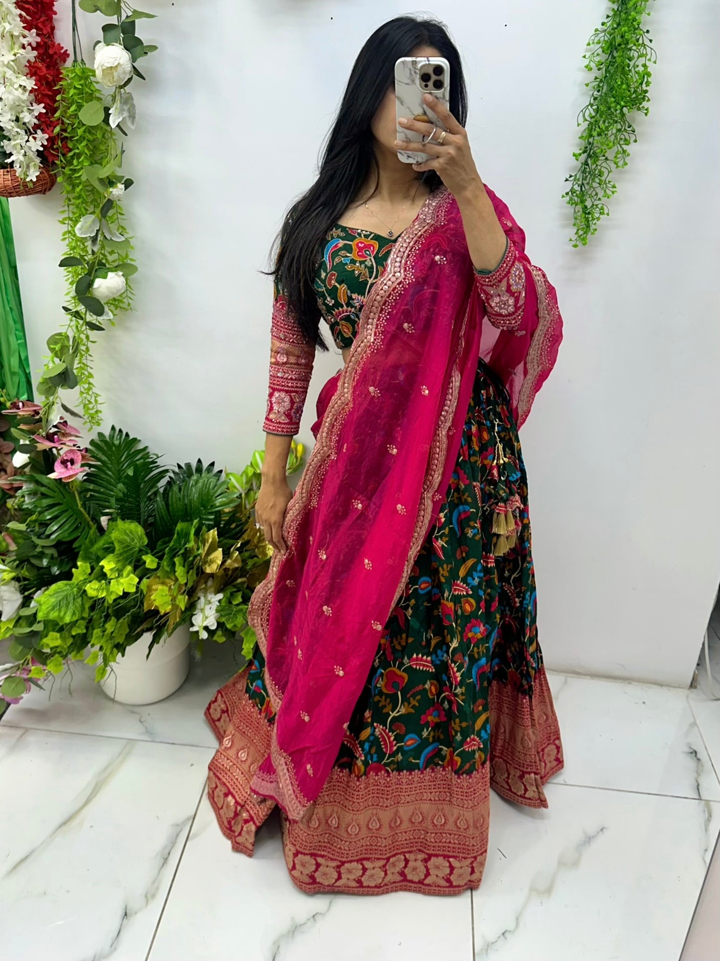 Banarasi silk green & pink lehenga choli