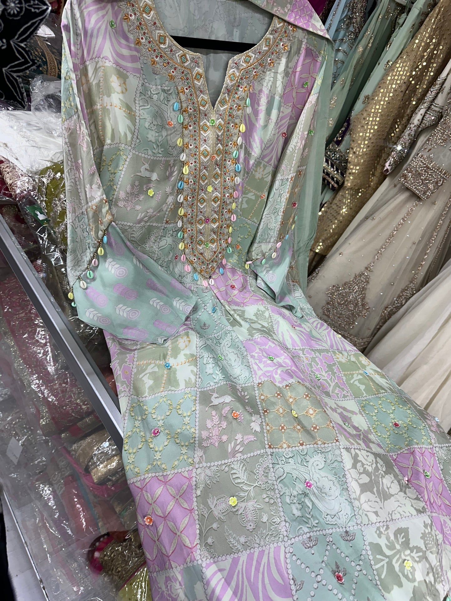 Satin silk digital print suit in green
