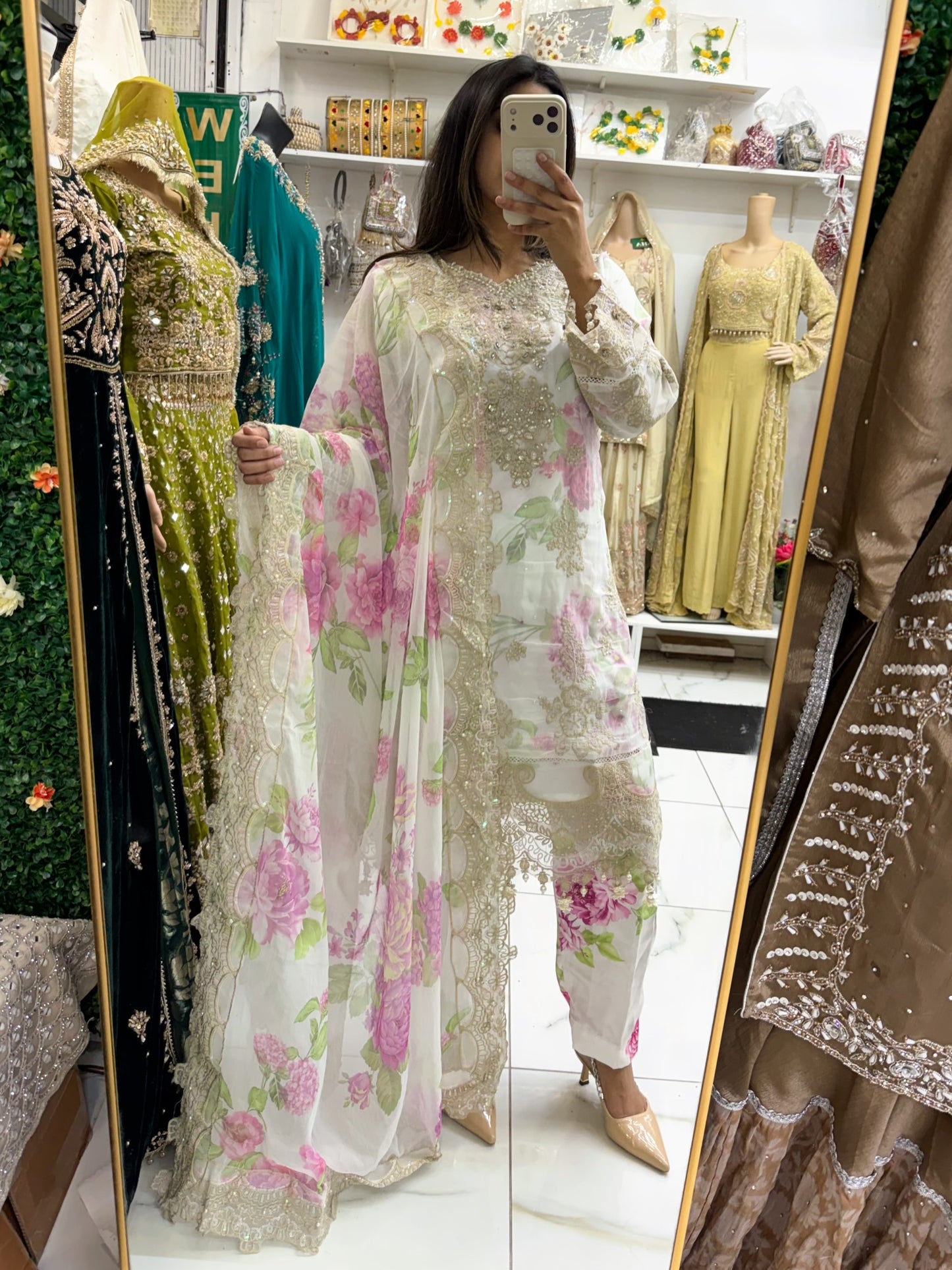 Floral white & pink chiffon suit