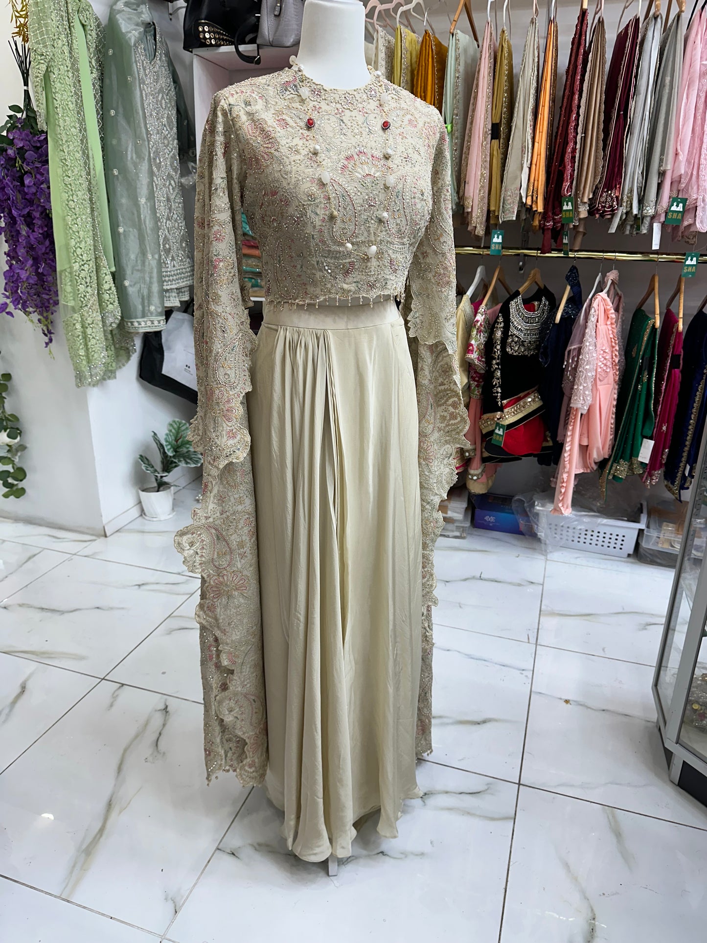 Exclusive cream long cape sleeve hand work two piece suit