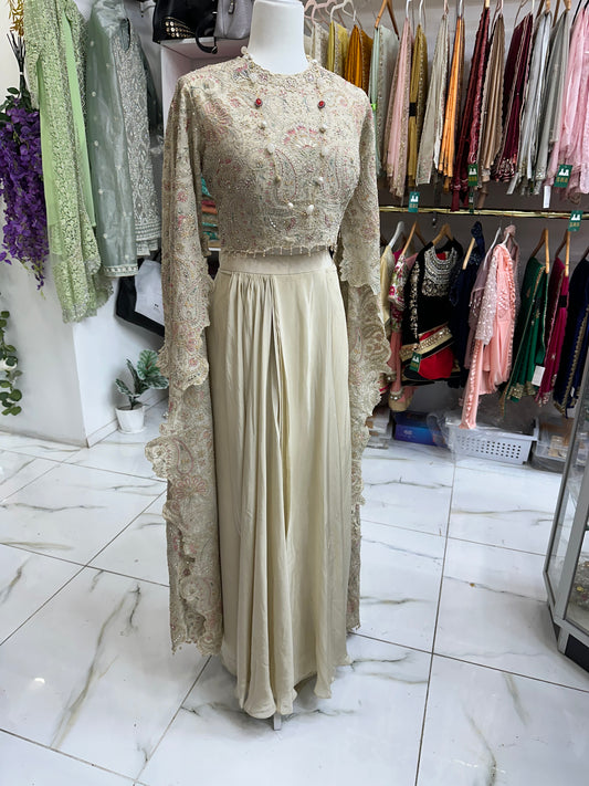 Exclusive cream long cape sleeve hand work two piece suit