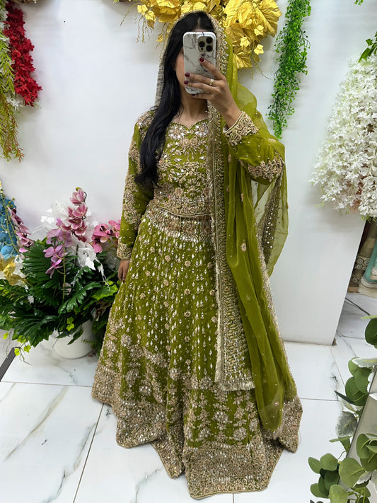 Olive green bridal hand work & mirror lehenga