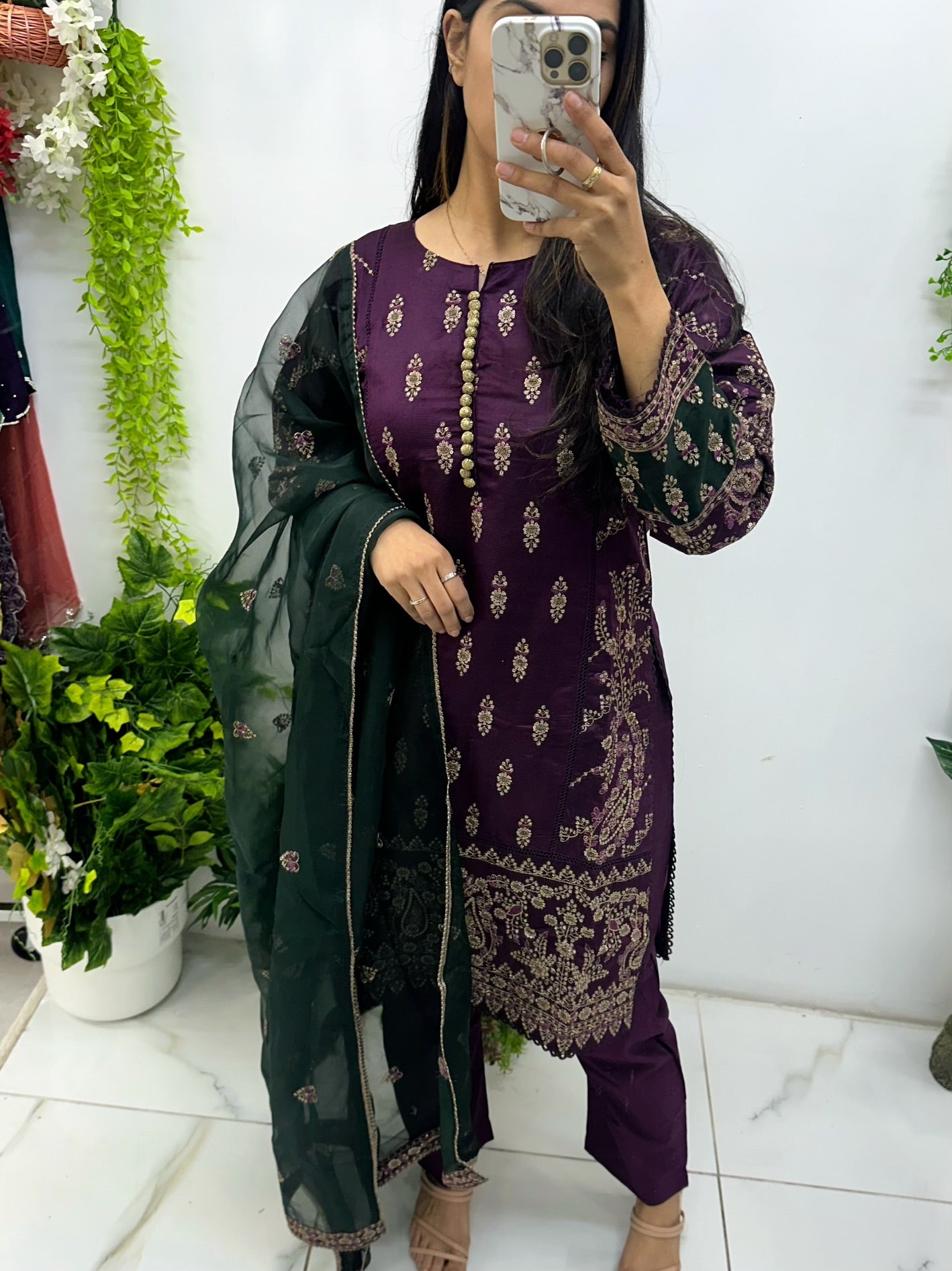 Purple & green khaddhi three piece