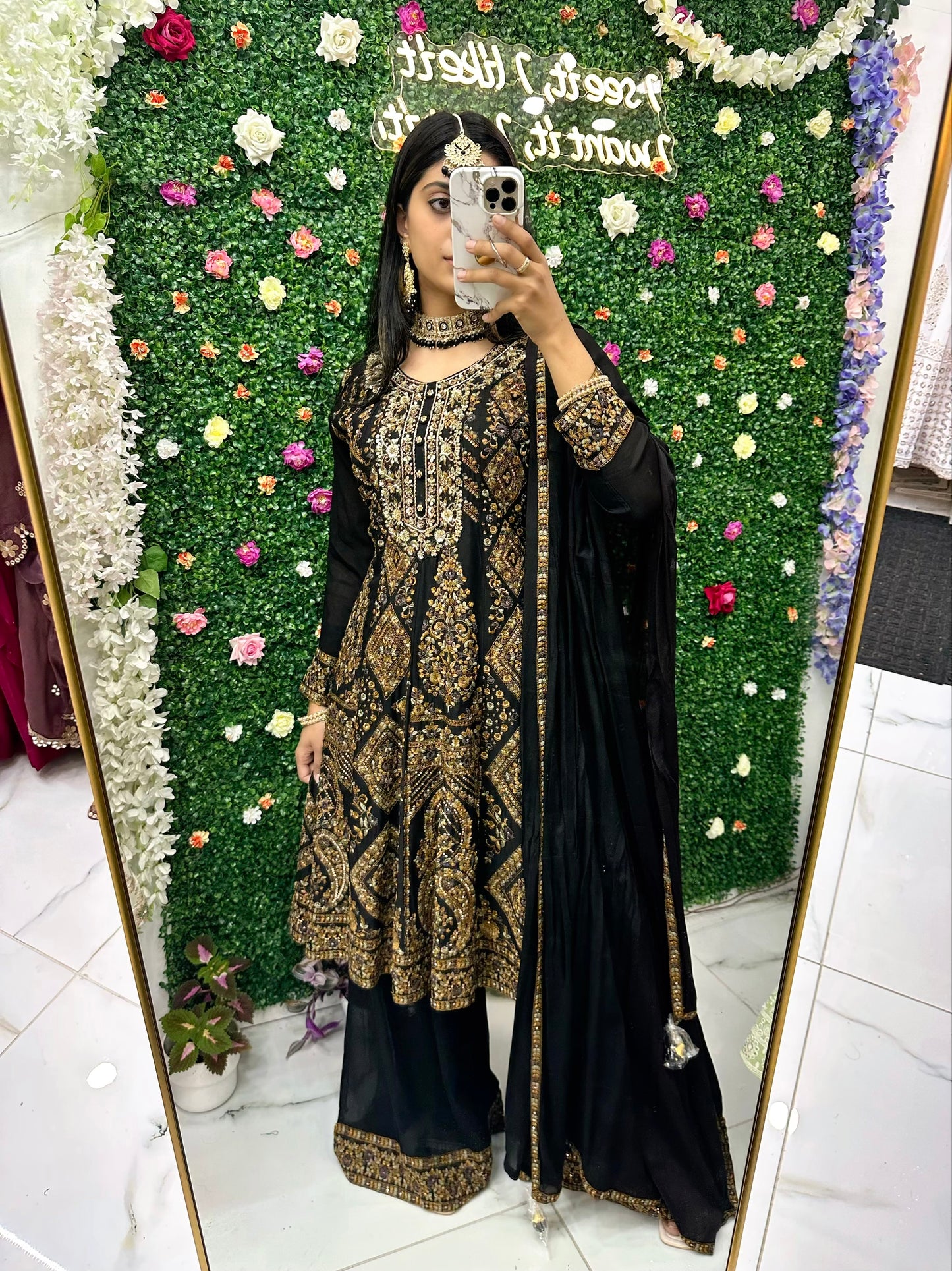 Black heavy embroidered party suit