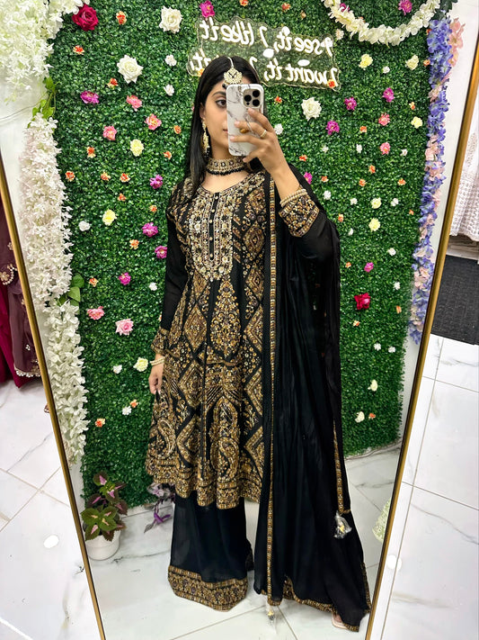 Black heavy embroidered party suit