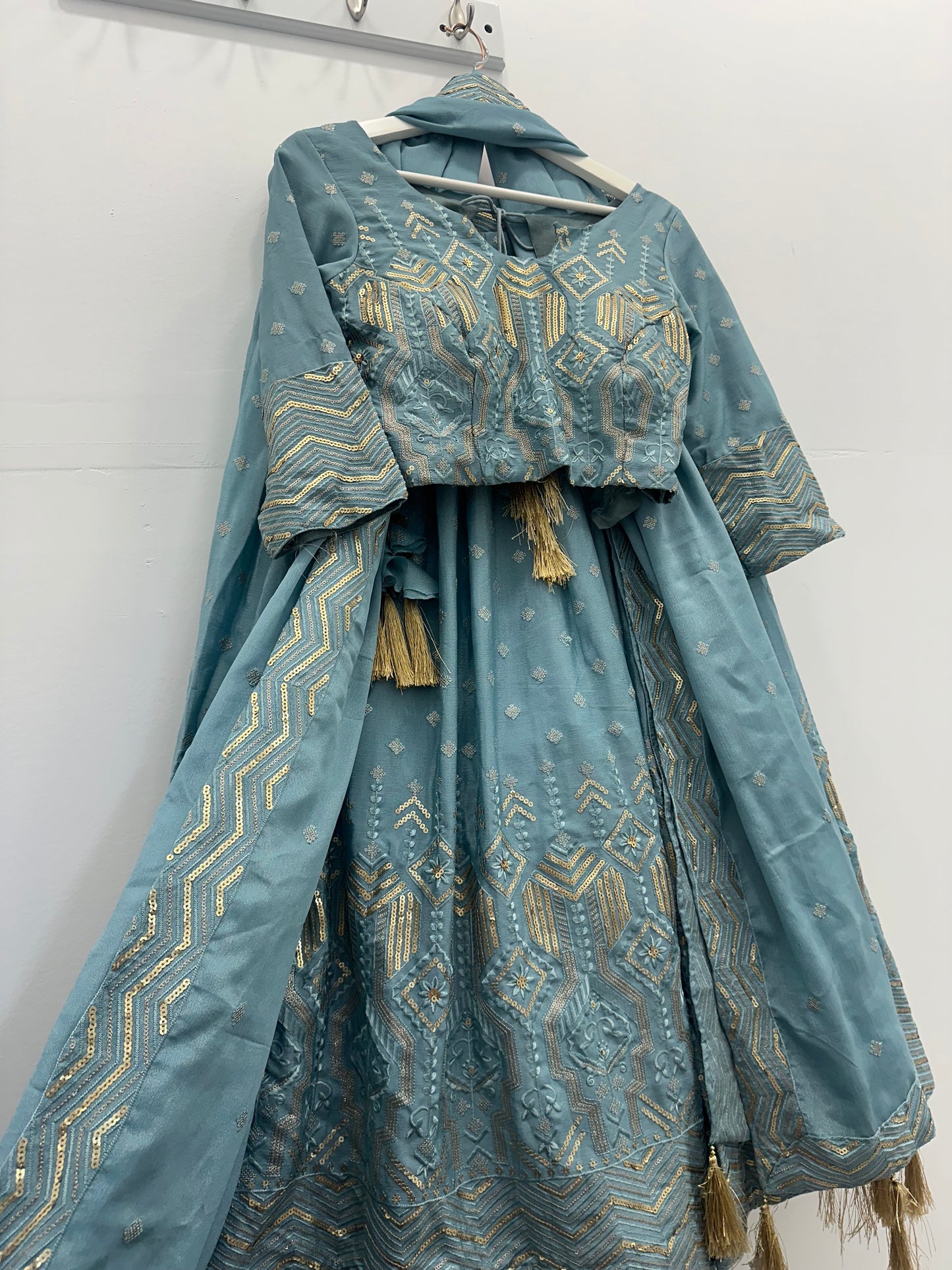 Mute blue silk sequenced lehenga