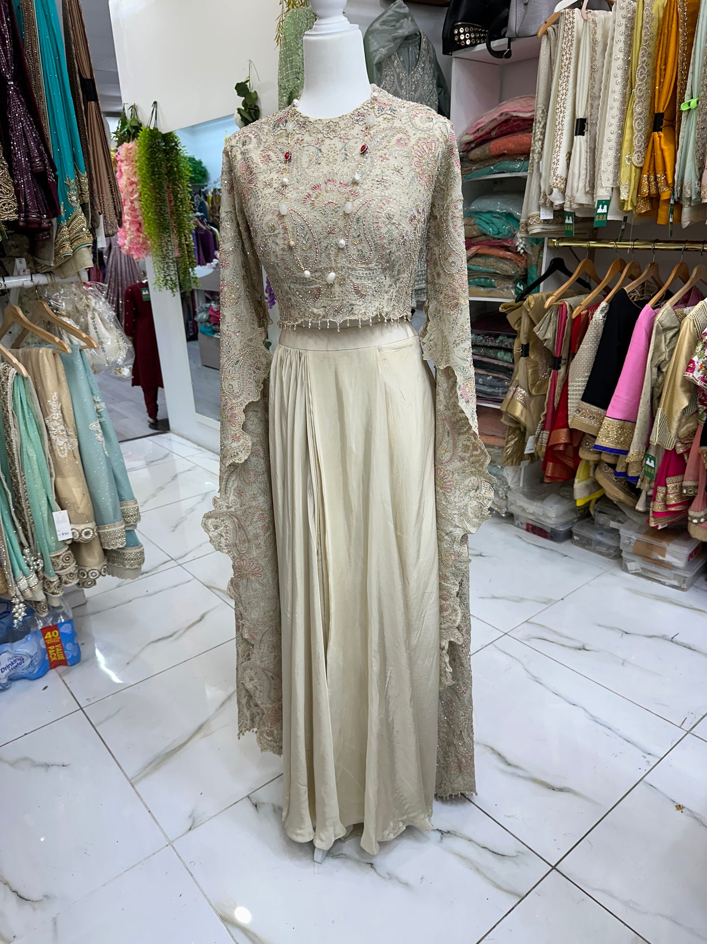 Exclusive cream long cape sleeve hand work two piece suit