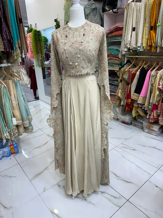 Exclusive cream long cape sleeve hand work two piece suit