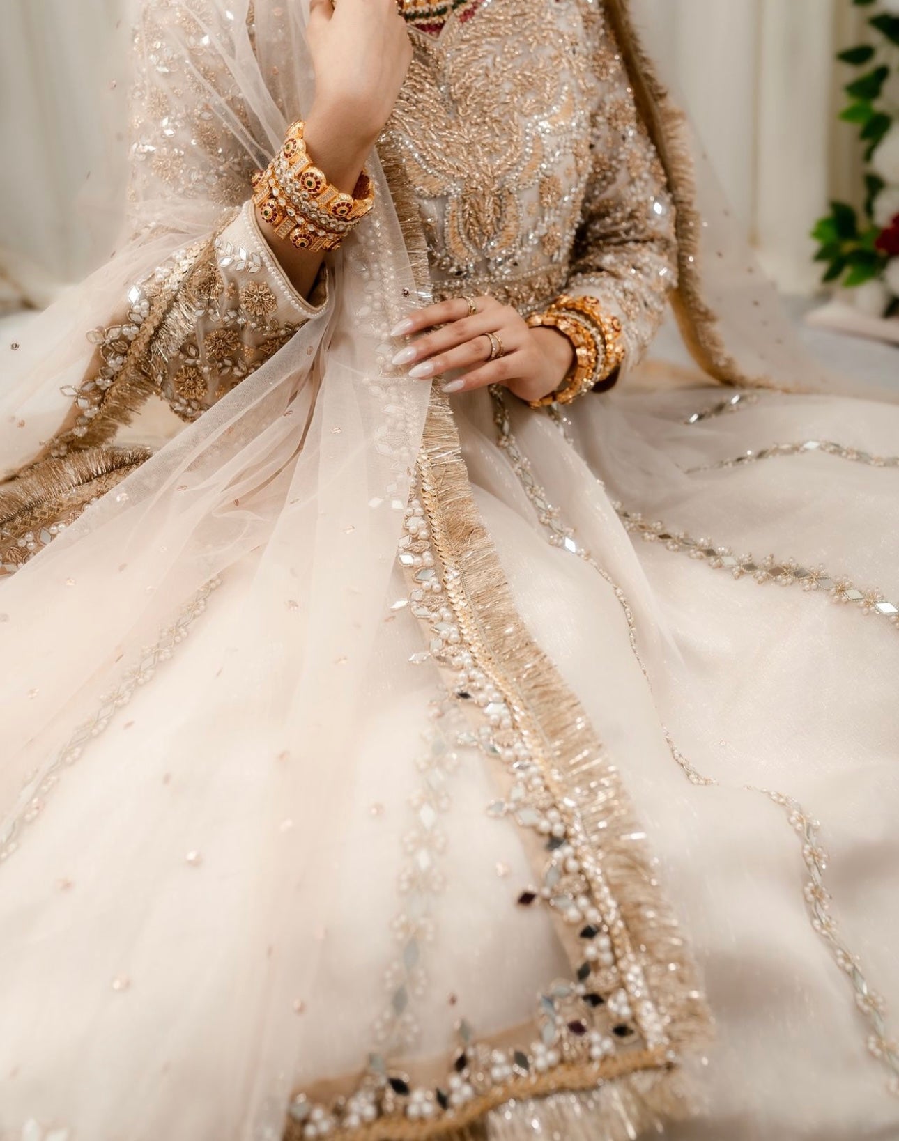 Off white bridal maxi with hand & mirror work