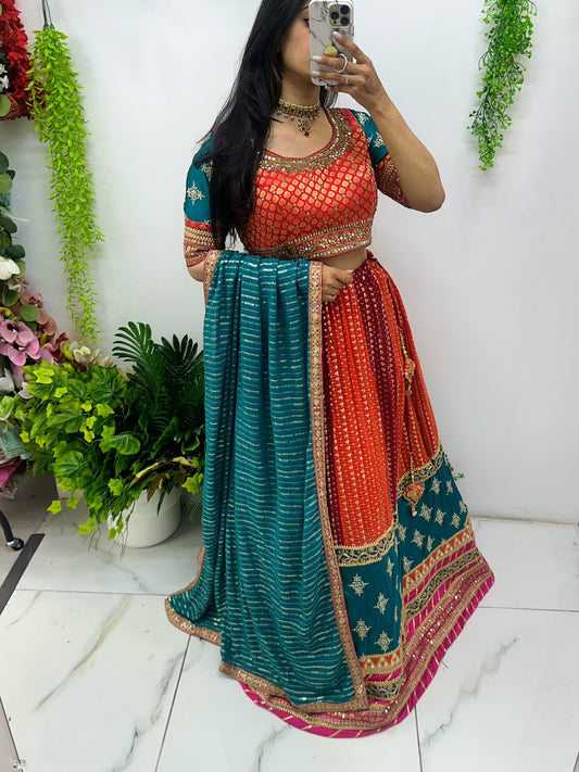 Green orange & red combo semi bridal lehenga