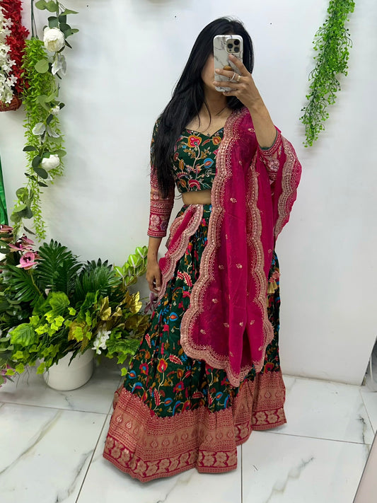 Banarasi silk green & pink lehenga choli
