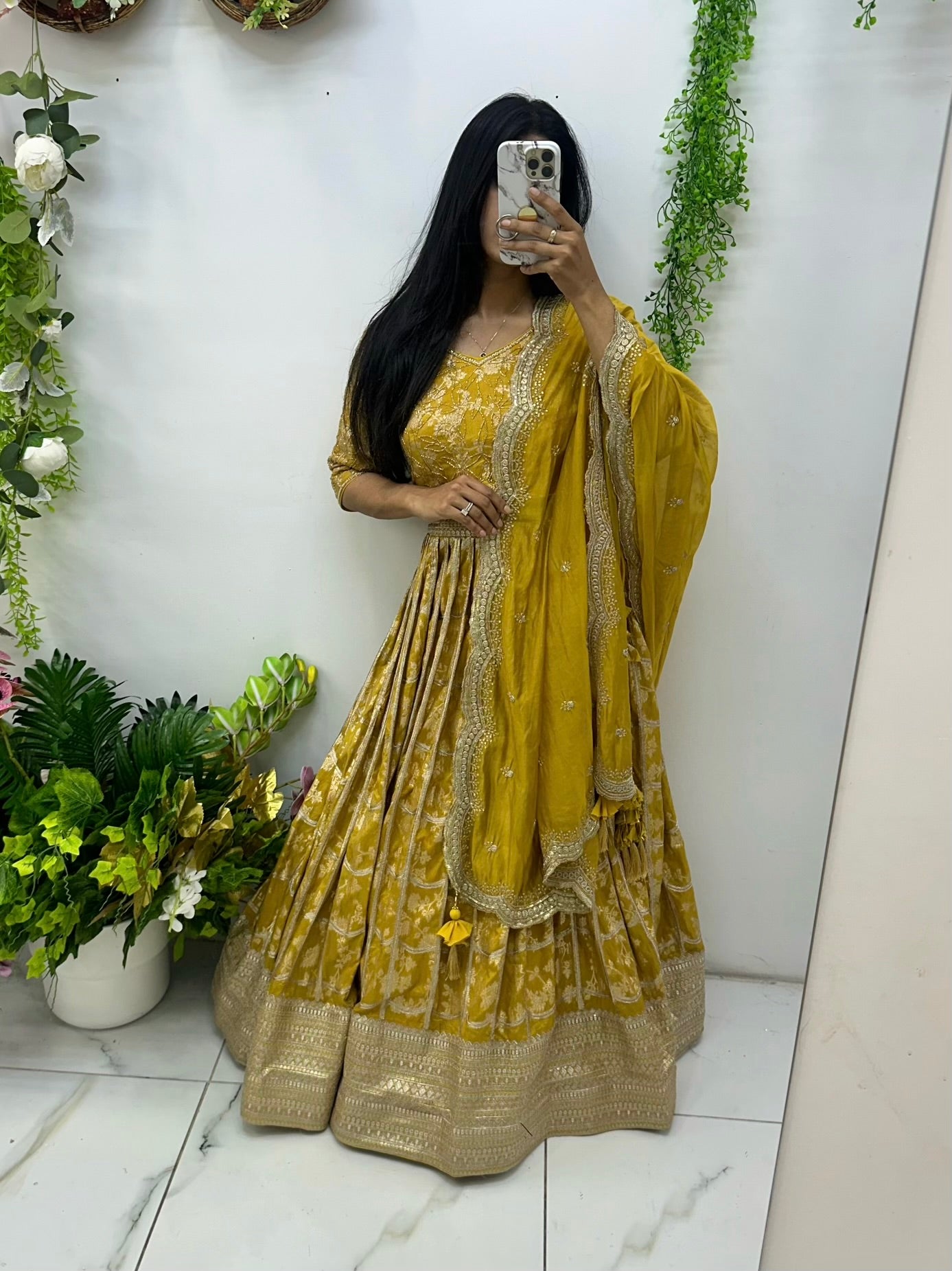 Mustard yellow Banarasi hand work lehenga