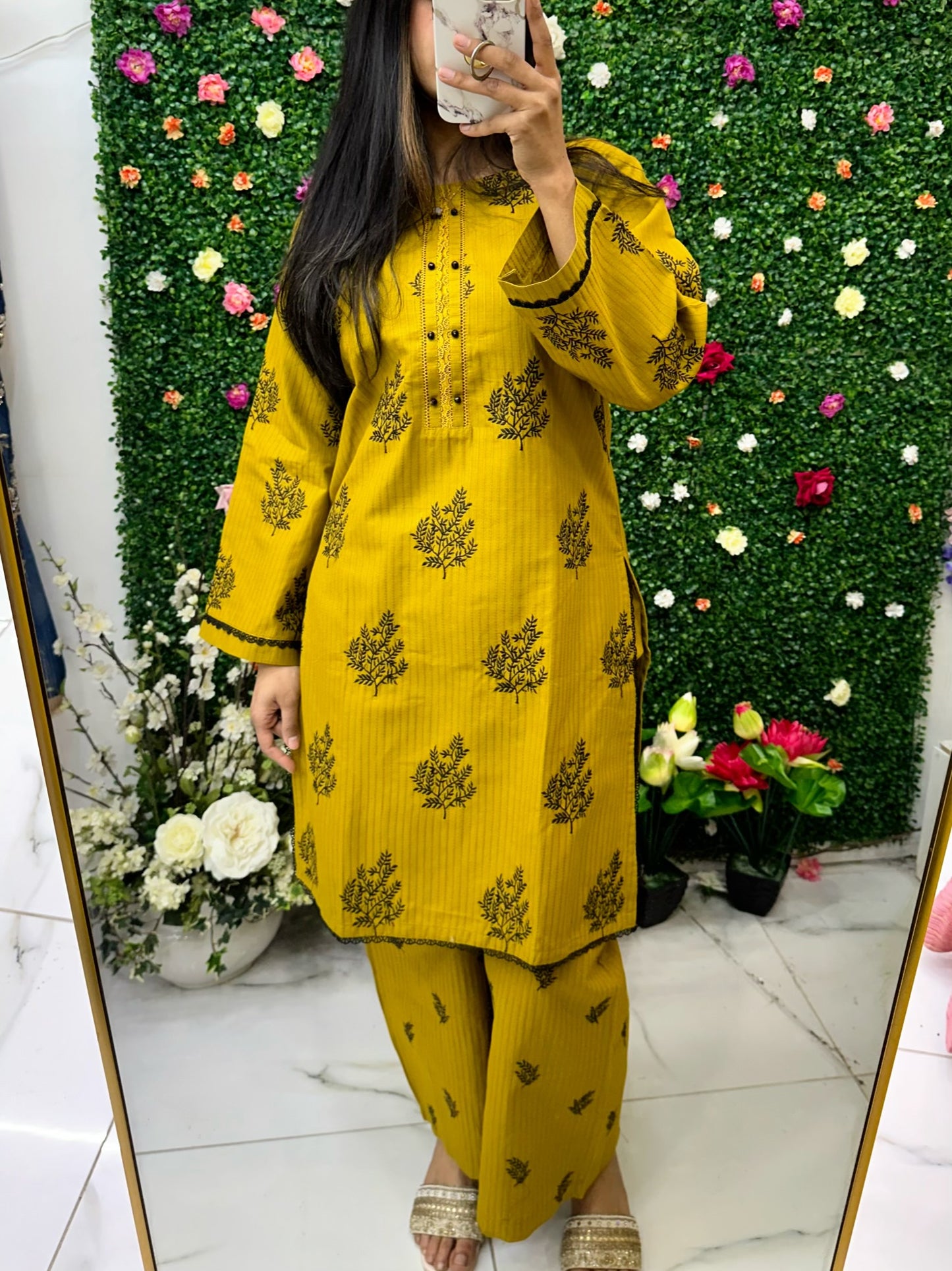 Mustard & black embroidered coord set