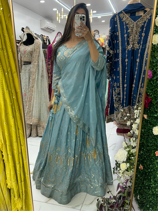 Mute blue silk sequenced lehenga